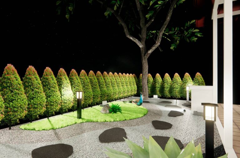 Proses penanaman dan instalasi elemen hardscape taman Surabaya